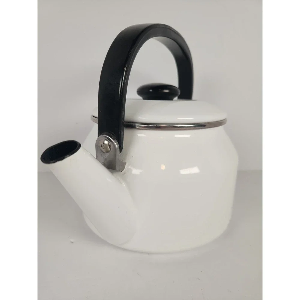 Vintage Siam Fuji Ware White Enamelware Tea Kettle 2 Qt Thailand Blue Interior